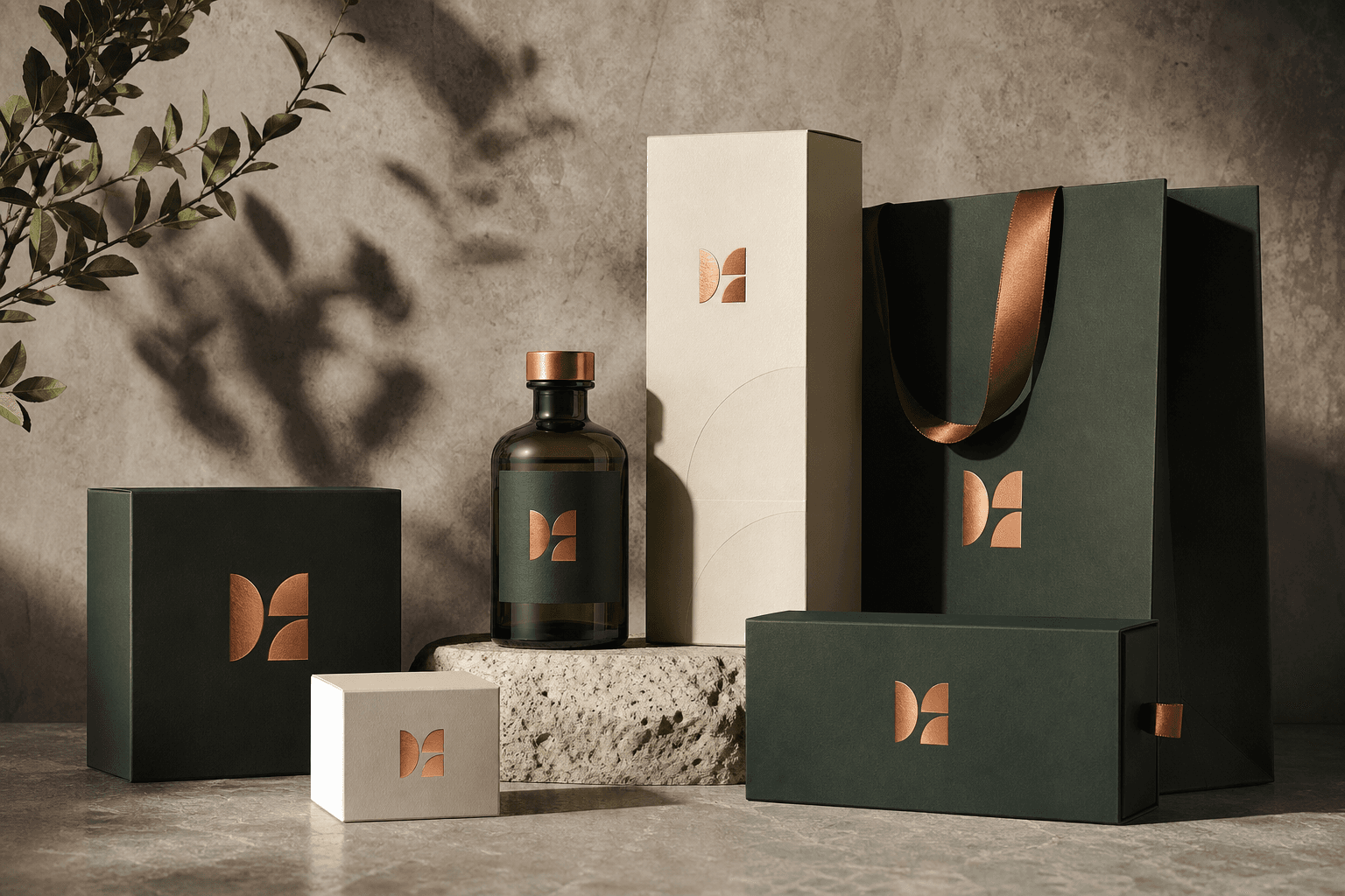 Terra packaging: boxes, a bottle and a bag with minimalist identity