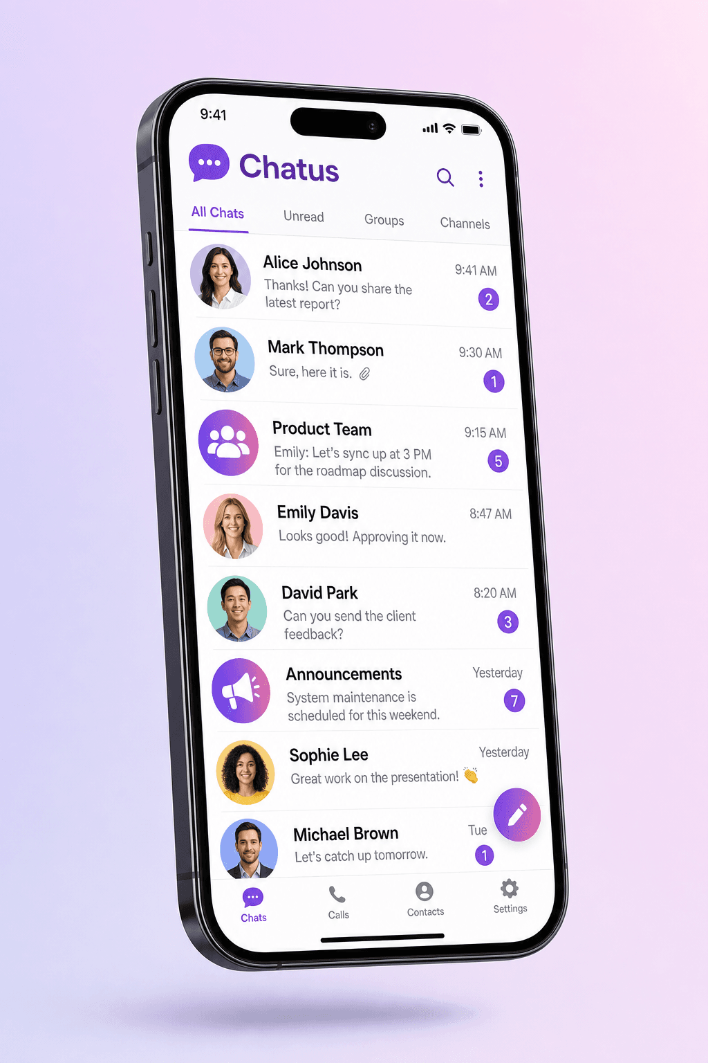 Chat list in the Chatus mobile app