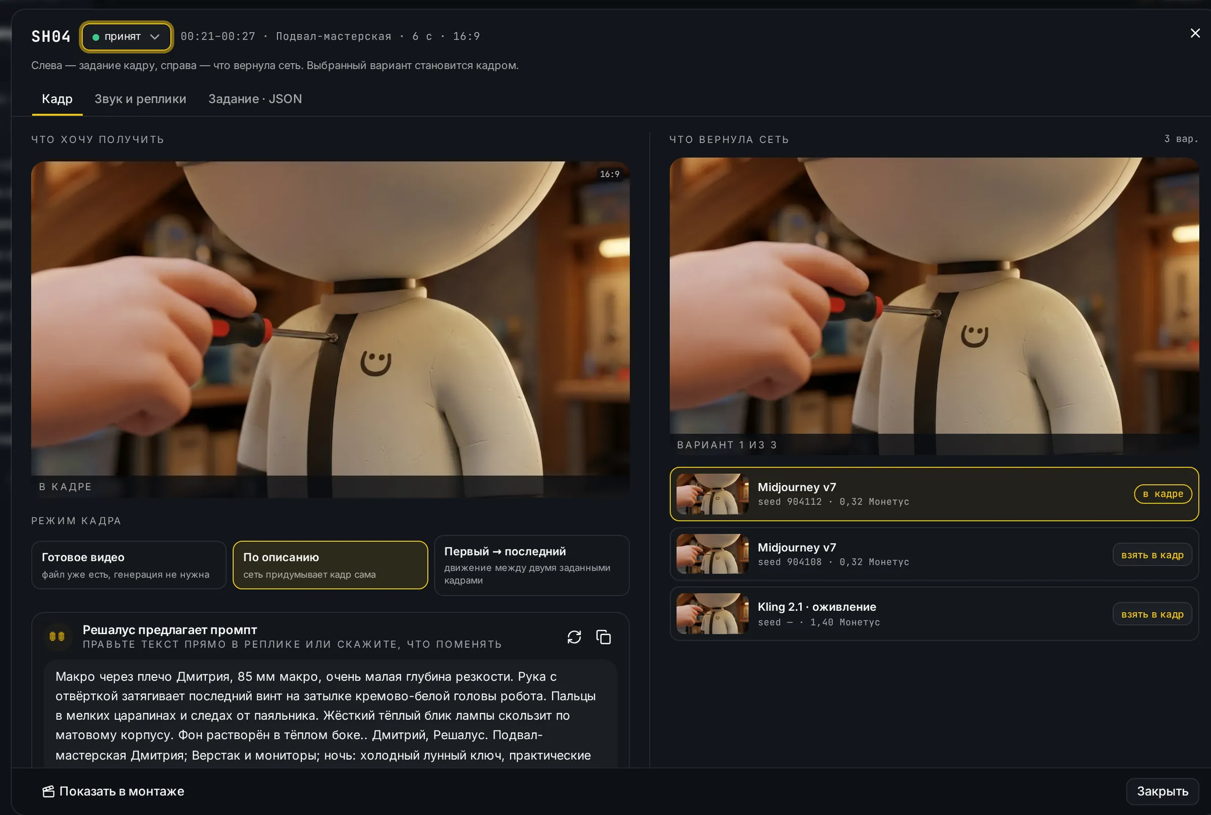 Карточка кадра SH04: задание, варианты генерации Midjourney и Kling, промпт от Решалуса
