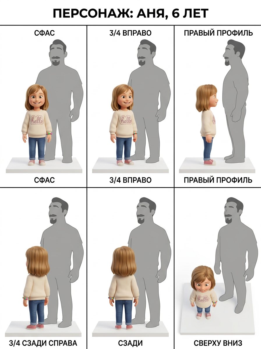 Справочный лист: Аня, 6 лет, шесть ракурсов